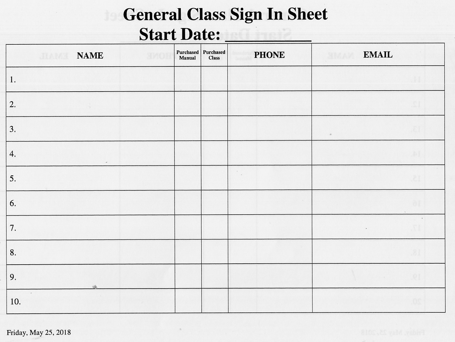 General Class License Sign In Sheet